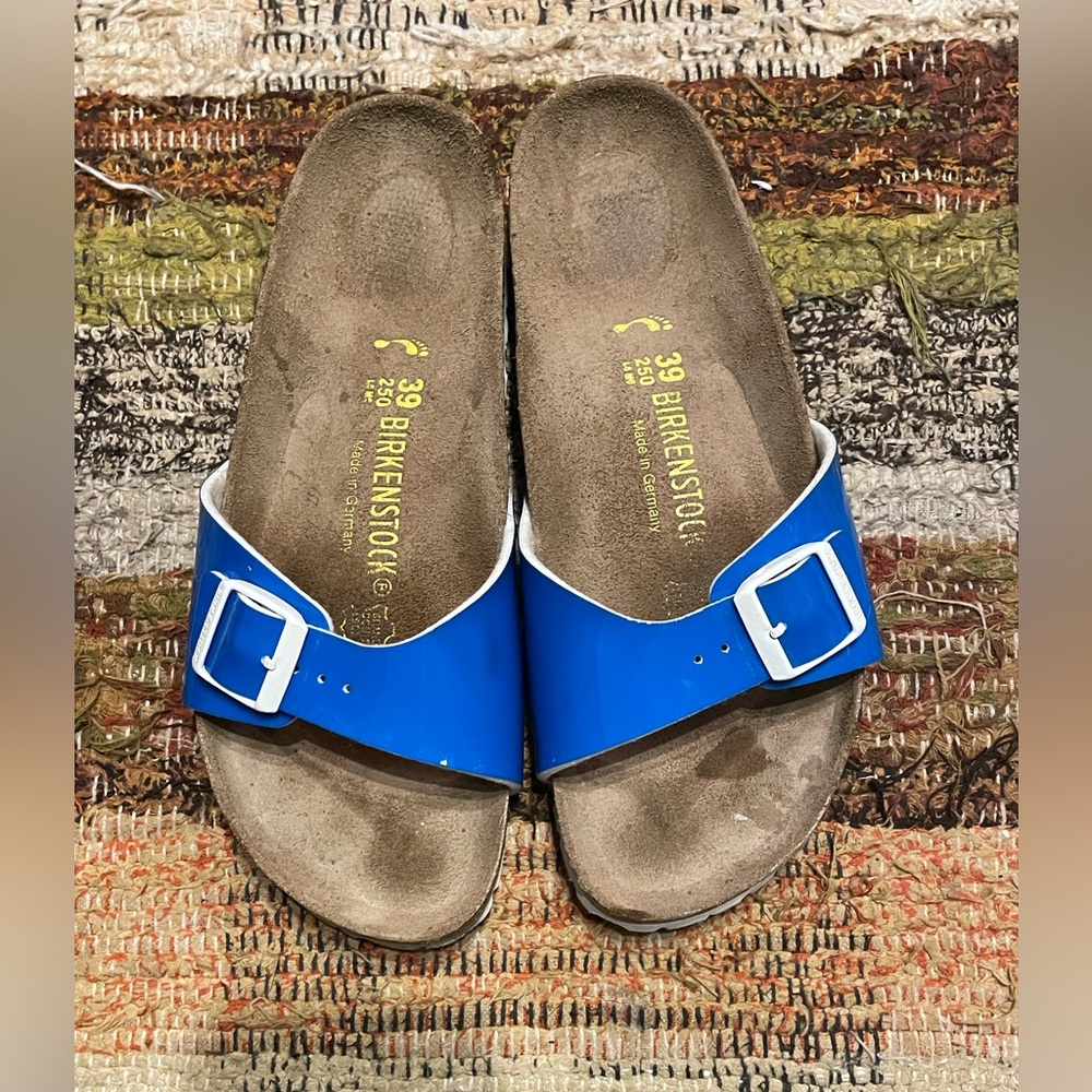 Birkenstock Madrid Patent Royal Blue Sandals with White Buckle